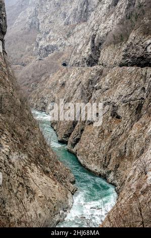 River Moraca, canyon Platije. Beautiful Canyon of Moraca river in winter, Montenegro or Crna Gora, Balkan, Europe. montenegro, canyon, mountain road. Stock Photo