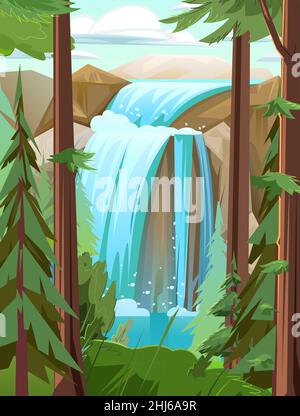 Small landscape with waterfall among rocks. Cascade shimmers downward. Among conifers. Water flowing. Nice cartoon style. Flat design. Vector. Stock Vector