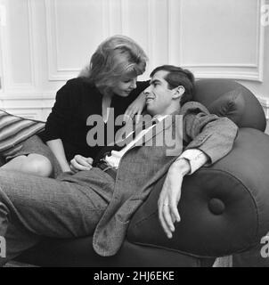 Annette Stroyberg, Danish actress, in London, Sunday 14th December 1958.  Annette is in the UK for a screen test, she is hoping for a role in new film The Guns of Navarone.  Our Picture Shows ... Annette in her apartment with film director husband Roger Vadim, at The Savoy Hotel, London. Stock Photo