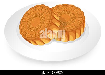 Mooncakes on white plate on white background illustration Stock Vector