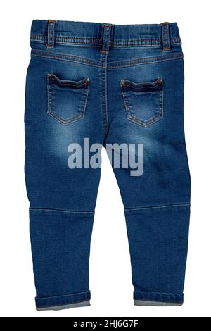 Closeup of a trendy stylish dark blue denim pants or trousers for boys isolated on a white background. Clipping path. Kids summer and autumn fashion. Stock Photo