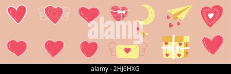 Openwork, fabric heart vector set in doodle syle.Bohemian Pink paper icon heart, valentine, letter collection. Valentine day icons. Stock Vector