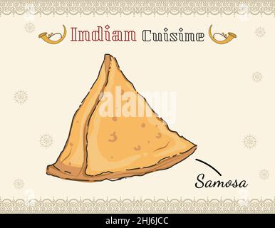 Doodle styled indian fried snack triangular shaped cuisine samosa Break or tea time snack called samosas with sauces Stock Vector