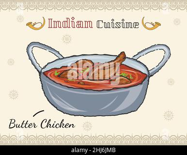 Traditional Indian food, meat in spiced tomato sauce. Indian food of chicken butter with Nan bread and lemon slice. Restaurant or Dhaba Menu Stock Vector