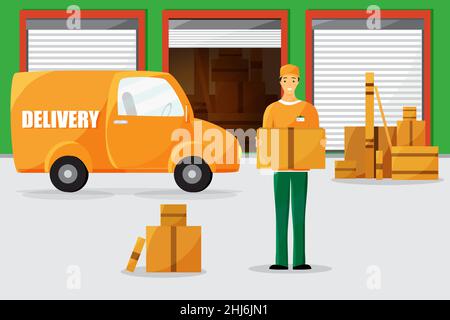 Delivery man in uniform holding a box. Storage area with opened unit full off boxes. Vector illustration. Stock Vector