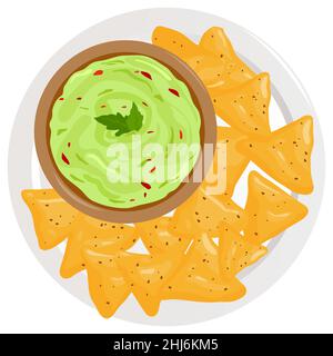 Dish with avocado guacamole sauce and nachos chips. Stock Photo