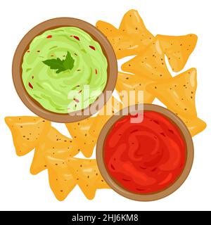 Bowls of avocado guacamole dip, tomato salsa sauce and nachos chips. Stock Photo