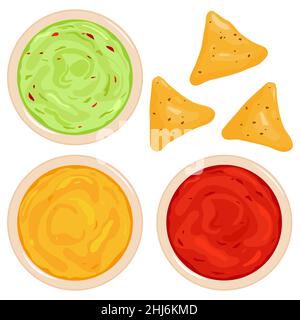 Bowls of avocado guacamole dip, tomato salsa, cheese sauce and nachos chips. Stock Photo