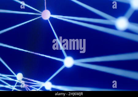 Abstract neon structure with blue blurry connected lines and dots on dark background, connection or network concept Stock Photo