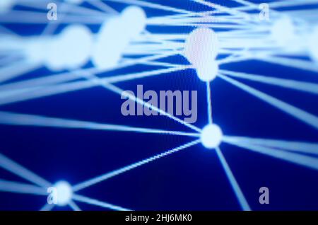 Abstract neon structure with blue blurry connected lines and dots on dark background, connection or network concept Stock Photo