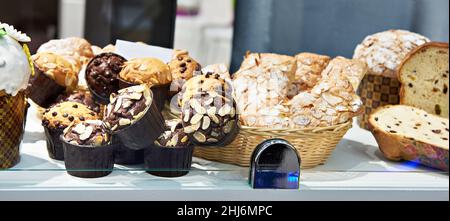 Sweet pastries on the counter of a pastry shop Stock Photo