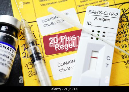 FOTOMONTAGE, Impfausweis mit Impfspritze und Schnelltest und Aufschrift 2G-Plus-Regel Stock Photo