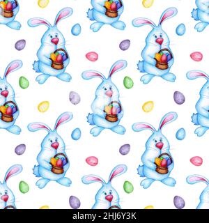 Watercolor illustration of a pattern of an egg and an Easter bunny holding a basket in its paws. Seamless repeat print funny cartoon bunny in blue and Stock Photo