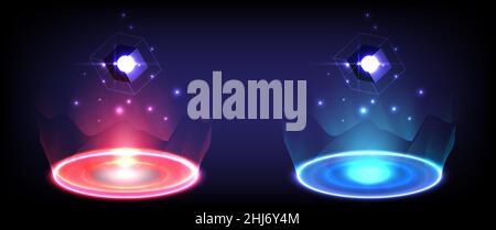 Sci-fi digital high-tech collection in glowing HUD. Hologram portal of science futuristic. Magic warp gate in game fantasy. Abstract technology. Circl Stock Vector