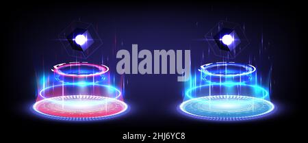 Red and blue neon. Sci-fi digital high-tech collection in glowing HUD. Hologram portal of science futuristic. Magic warp gate in game fantasy. Abstrac Stock Vector