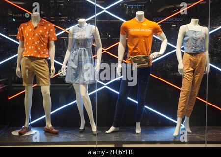 Four Mannequins Dressed In Male and Female Casual Clothes In Boutique Store Of Shopping Center. View of a Fashion shop front. - Mumbai India : March 2 Stock Photo