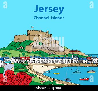 A hand drawn illustration Jersey Channel Islands, Gory harbour and Mont Orgueil castle. Stock Photo