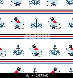 Marine background. Cat sailor, paper boat with an anchor. Seamless striped pattern. Design of marine drawing with paper boats and a cat for childrens textiles. Vector illustration Stock Vector