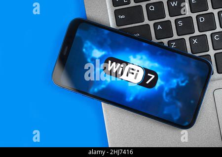 Smartphone with support of new Wi-Fi 7 modern technology. Communication, internet connection concept background Stock Photo