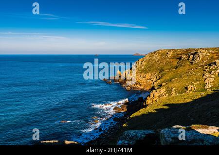 View over Gamper Beach, looking towards Sennen Cove from Land's End, Cornwall, UK Stock Photo