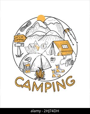 A camping emblem with hand-drawn doodle-style elements. Mountains, tents, map, compass, backpack, flashlight, etc. Items for camping and outdoor recre Stock Vector