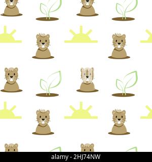 Seamless pattern of cartoon groundhog, sun and plant. Hand-drawn cartoon-style elements. Happy Groundhog Day. Stock Vector