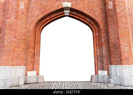 Arch in an old red brick wall with a white background Stock Photo