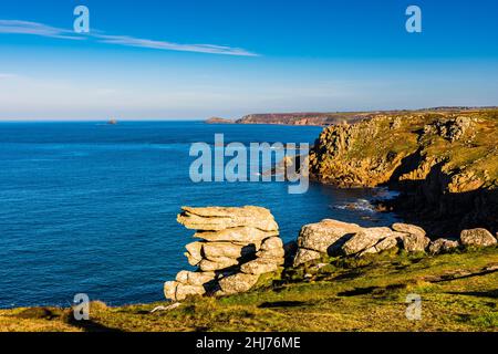 Looking towards St Just and Sennen Cove from Land's End, Cornwall, UK Stock Photo