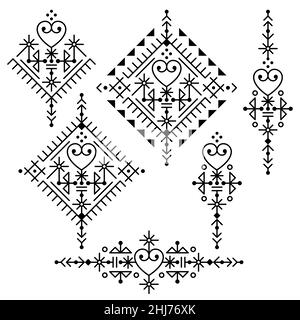 Icelandic style geometric tribal line art vector design set - square and long designs with hearts, ornamental patterns collection inspired by Nordic V Stock Vector