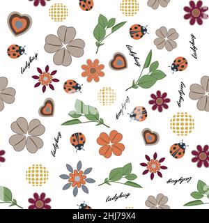 Summer forest floral seamless pattern hand drawn spring pastel garden background with flowers, leaves, shamrocks and ladybugs for kids, baby, textile, Stock Vector