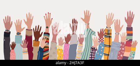 Group of raised hands and arms of multicultural men women and children.Community of people of diverse culture.Diversity people. Multi-ethnic families Stock Vector
