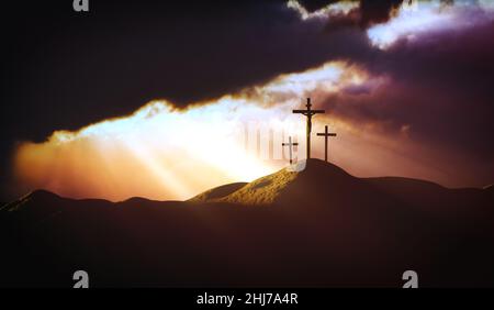 Silhouette of Three Crosses on a Hill Stock Image - Image of christ,  christianity: 23901581