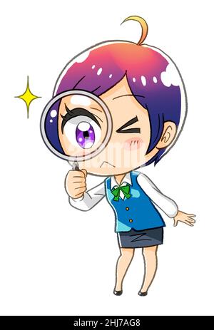 manga kawaii chibi female office worker illustration (magnifying glass  Stock Photo - Alamy