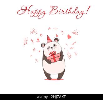 Funny panda holds in his paws a pink gift box with a bow. Postcard Happy Birthday. Vector illustration, doodle, sketch, congratulation, cartoon Stock Vector