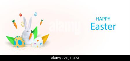 Happy Easter holiday background. Festive design with realistic 3D bunny and decorative elements. Spring leaves and eggs. Flying carrot. Banner, web Stock Vector
