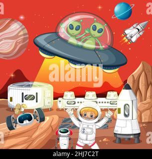 Outer space scene with astonaut and alien in cartoon style illustration ...