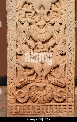 Stupa No 1, West  Gateway, Right Pillar outside Face : Carved decorations, people and animal figures. World Heritage Site, Sanchi, Madhya Pradesh, Ind Stock Photo