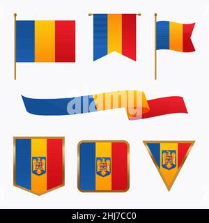 Gradient romanian flags and national emblems set Vector illustration. Stock Vector
