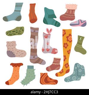 Vector set of flat hand drawn warm socks. Collection of knitted clothes with decoration for stickers. Stockings and golfs. Cozy legwear Stock Vector