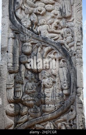 Stupa No 1, East  Gateway, Right Pillar outside Face : Carved decorations and people figures. World Heritage Site, Sanchi, Madhya Pradesh, India Stock Photo