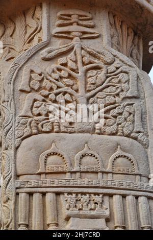 Stupa No 1, South Gateway, Left Pillar, Inside Panel 1 : This  temple could symbolize temple built  by Ashoka around a scared tree in Bodh-Gaya. World Stock Photo