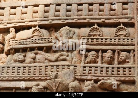 Stupa No 1, East Gateway, Right Pillar, Inside Face Panel 2 : Maya‚Äôs Dream , Maya is seen lying with an elephant close to her. World Heritage Site, Stock Photo