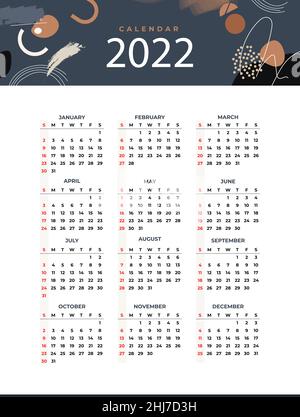 Hand drawn flat 2022 calendar template Vector illustration. Stock Vector