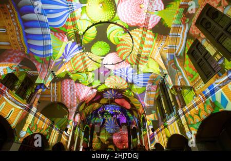 The towers of St. Basil's Cathedral in Moscow, Russia are seen in a light projection during the multimedia show 'Wonders' by Swiss artist group Projektil at the St. Jacob's Church in Zurich, Switzerland January 26, 2022. Picture taken on January 26, 2022. REUTERS/Arnd Wiegmann