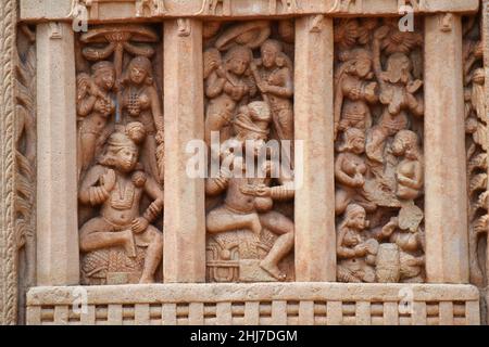 Stupa No 1, East Gateway, Right Pillar, Front Face: Panel 2. Depicts the heaven of Nirmanarati. Full panel depicts the six heavens of Buddhists. World Stock Photo