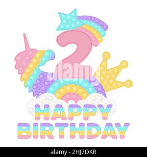 Happy 2nd Birthday two years pop it topper or sublimation print for t-shirt in style a fashionable silicone toy for fidgets. Pink number, unicorn, cro Stock Vector