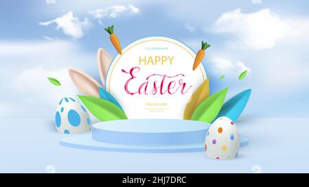 Minimalist scene with blue cylindrical podium, round frame, spring leaves and easter eggs. Bunny ears peek out from the leaves. Stage for product Stock Vector