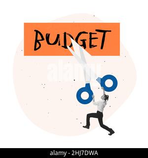 Creative design. Contemporary art collage. Office worker, employee cutting word budget with scissors symbolizing decrease in funding Stock Photo