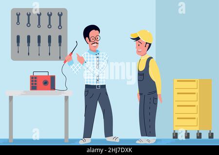 Mechanic chief boss teaching how to use the tools to his employee in mechanical workshop and garage Stock Vector