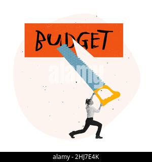 Creative design. Contemporary art collage. Office worker, employee cutting word budget with saw symbolizing decrease in funding Stock Photo